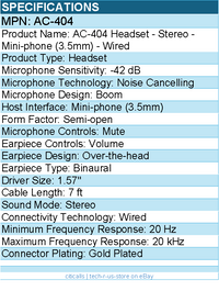 Cyber Acoustics AC-404 Headset - Stereo - Mini-phone (3.5mm) - Wired