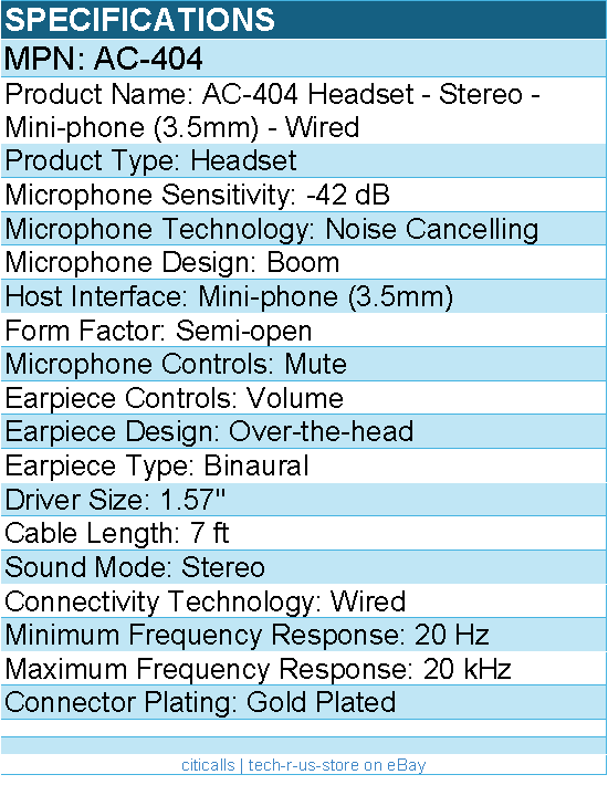 Cyber Acoustics AC-404 Headset - Stereo - Mini-phone (3.5mm) - Wired