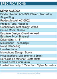 Cyber Acoustics AC5002 Stereo Headset w/ Single Plug - Stereo -Mini-phone (3.5m)