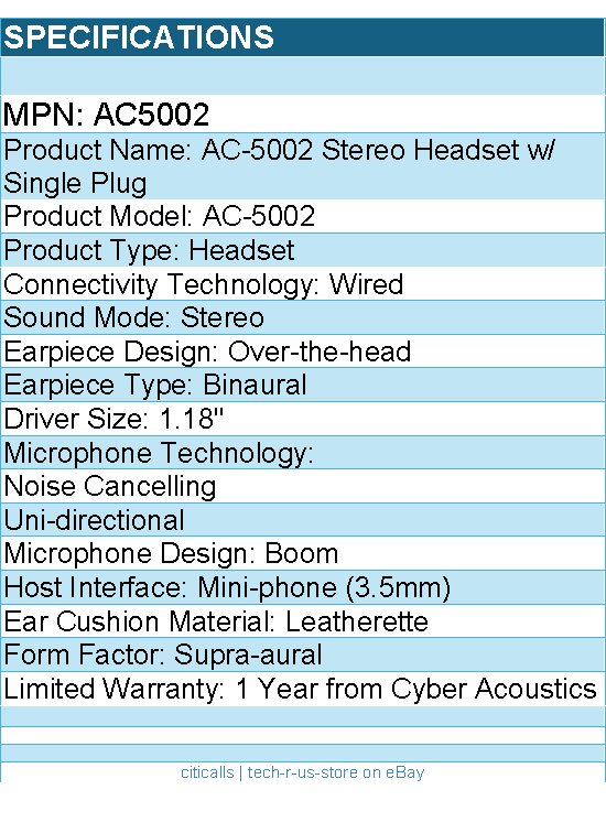Cyber Acoustics AC5002 Stereo Headset w/ Single Plug - Stereo -Mini-phone (3.5m)