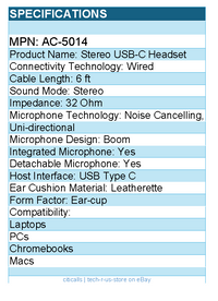 Cyber Acoustics AC-5014 Stereo USB-C Headset - Stereo - USB Type C - Wired