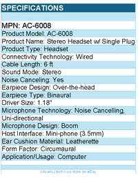 Cyber Acoustics AC-6008 Stereo Headset w/ Single Plug - Stereo - Wired