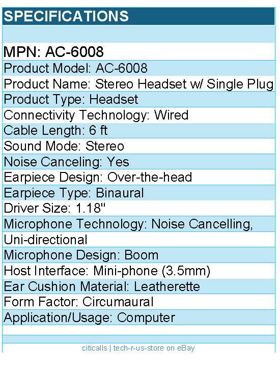 Cyber Acoustics AC-6008 Stereo Headset w/ Single Plug - Stereo - Wired