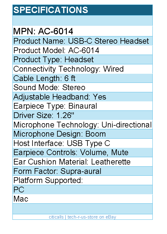 Cyber Acoustics  AC-6014 USB-C Stereo Headset - USB Type C - Wired