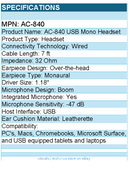 Cyber Acoustics AC-840 Usb Mono Headset Internet Communication & Boom Mic - 7 ft