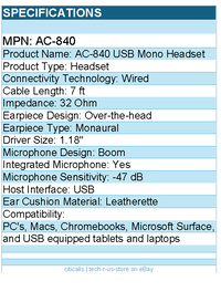Cyber Acoustics AC-840 Usb Mono Headset Internet Communication & Boom Mic - 7 ft