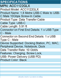 Targus ACC1122GLX 1.8 Metre USB-C Male to USB-C Male 10Gbps Screw-In Cable