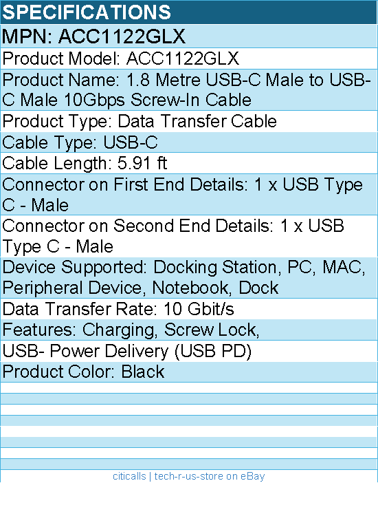 Targus ACC1122GLX 1.8 Metre USB-C Male to USB-C Male 10Gbps Screw-In Cable