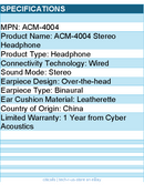 Cyber Acoustics ACM-4004 Stereo Headphone - Stereo - Wired - Over-the-head