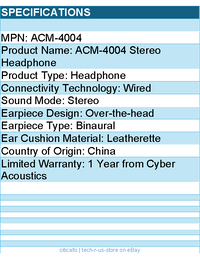 Cyber Acoustics ACM-4004 Stereo Headphone - Stereo - Wired - Over-the-head