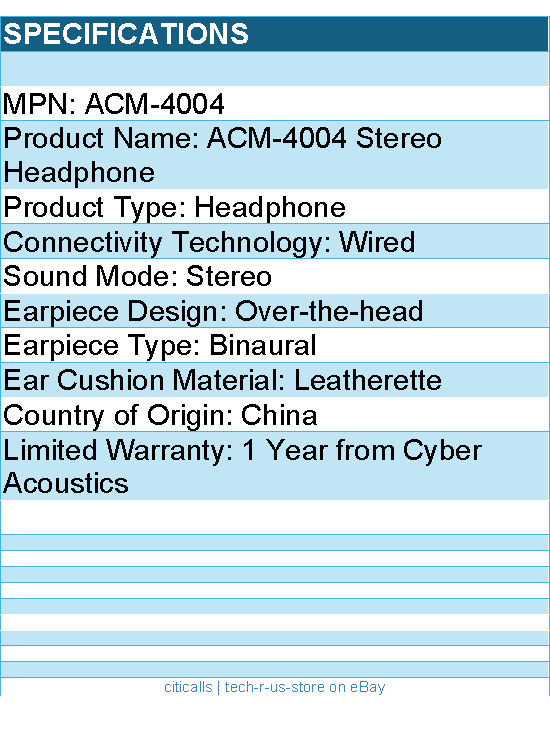 Cyber Acoustics ACM-4004 Stereo Headphone - Stereo - Wired - Over-the-head