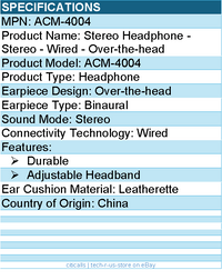Cyber Acoustics ACM-4004 Stereo Headphone - Stereo - Wired - Durable