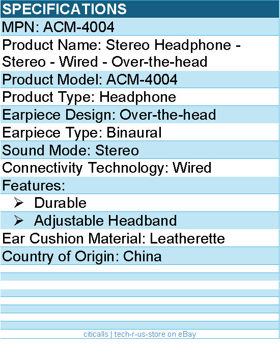 Cyber Acoustics ACM-4004 Stereo Headphone - Stereo - Wired - Durable