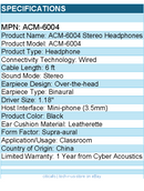 Cyber Acoustics ACM-6004 Stereo Headphones - Stereo - Mini-phone (3.5mm) - Wired