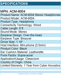 Cyber Acoustics ACM-6004 Stereo Headphones - Stereo - Mini-phone (3.5mm) - Wired