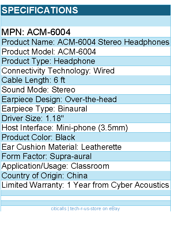 Cyber Acoustics ACM-6004 Stereo Headphones - Stereo - Mini-phone (3.5mm) - Wired