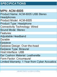 Cyber Acoustics ACM-6005 USB Stereo Headphones - Stereo - USB - Wired