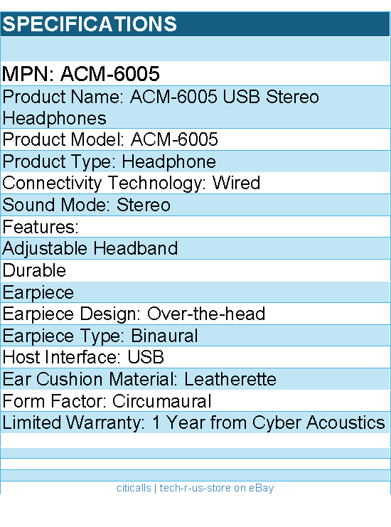 Cyber Acoustics ACM-6005 USB Stereo Headphones - Stereo - USB - Wired