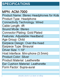 Cyber Acoustics ACM-7000 Wired Stereo Headphone for Children - Over-the-head