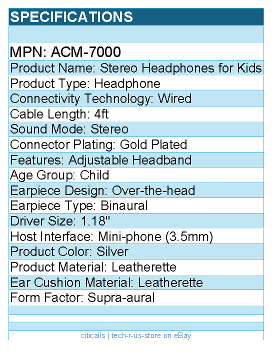 Cyber Acoustics ACM-7000 Wired Stereo Headphone for Children - Over-the-head