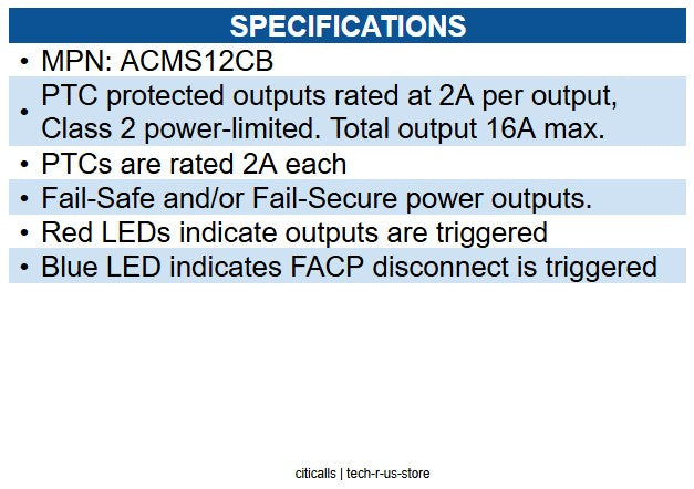 Altronix ACMS12CB Dual Input Access Power Controller, 12 PTC Protected Outputs