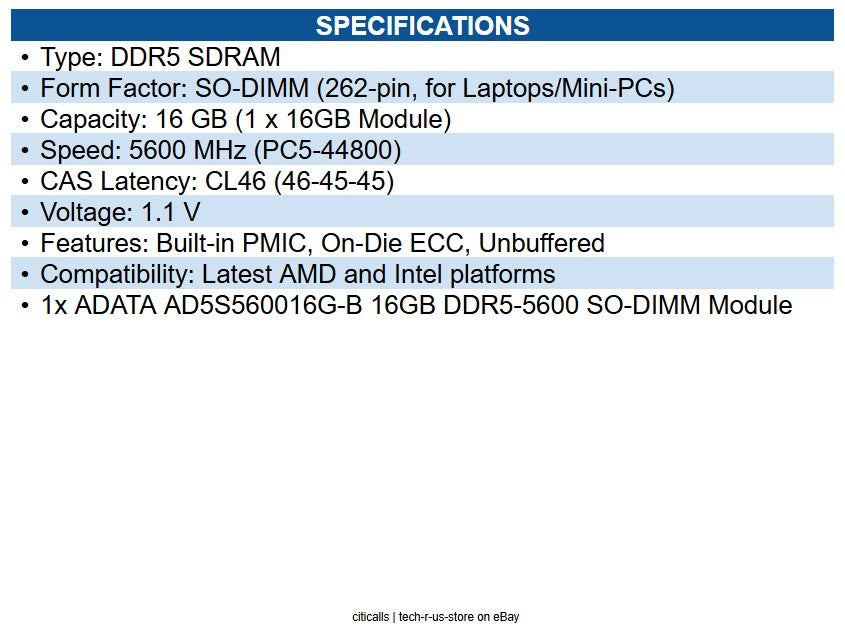 ADATA 16GB DDR5 5600MHz PC5-44800 SO-DIMM Laptop Memory CL46 1.1V