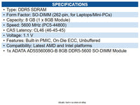 ADATA 8GB DDR5 5600MHz PC5-44800 SO-DIMM Laptop Memory CL46 1.1V