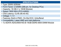 ADATA 16GB DDR5 5600MHz PC5-44800 DIMM Desktop Memory CL46 1.1V
