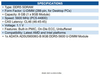 ADATA 8GB DDR5 5600MHz PC5-44800 U-DIMM Desktop Memory CL46 1.1V