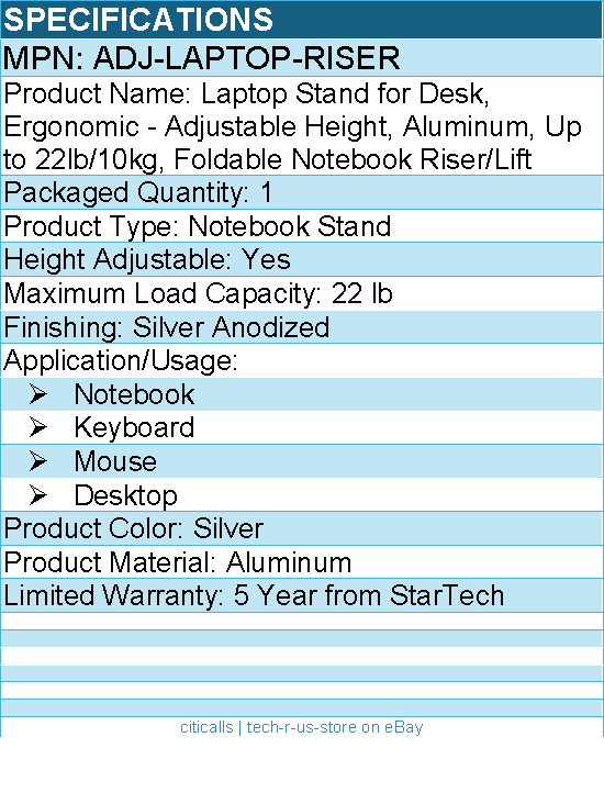StarTech ADJ-LAPTOP-RISER Laptop Stand for Desk, Ergonomic - Adjustable Height