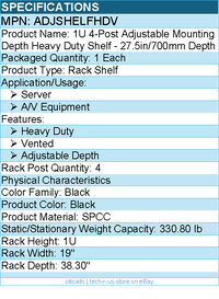 StarTech ADJSHELFHDV 1U 4-Post Adjustable Mounting Depth Heavy Duty ShelfADJSHEL