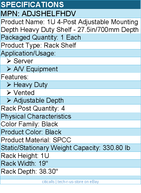 StarTech ADJSHELFHDV 1U 4-Post Adjustable Mounting Depth Heavy Duty ShelfADJSHEL
