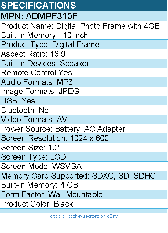 Aluratek ADMPF310F Digital Photo Frame with 4GB Built-in Memory - 10 inch
