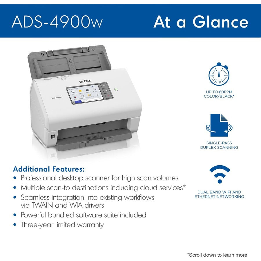Brother ADS-4900W Professional Desktop Scanner - 48-bit Color - 60 ppm