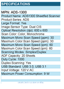 Brother ADS-1300 Large Format Sheetfed Scanner - 600 x 600 dpi Optical - White