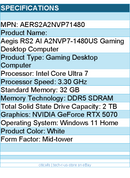 MSI AERS2A2NVP71480 Aegis RS2 Gaming PC -Intel Core Ultra 7 265K Nvidia RTX 5070