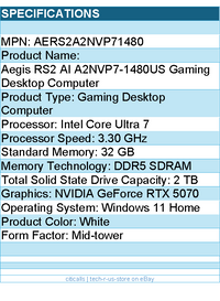 MSI AERS2A2NVP71480 Aegis RS2 Gaming PC -Intel Core Ultra 7 265K Nvidia RTX 5070