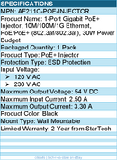 StarTech AF211C-POE-INJECTOR 1-Port Gigabit PoE+ Injector, 10M/100M/1G Ethernet