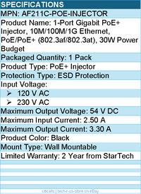 StarTech AF211C-POE-INJECTOR 1-Port Gigabit PoE+ Injector, 10M/100M/1G Ethernet