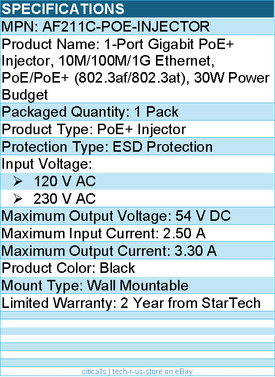 StarTech AF211C-POE-INJECTOR 1-Port Gigabit PoE+ Injector, 10M/100M/1G Ethernet