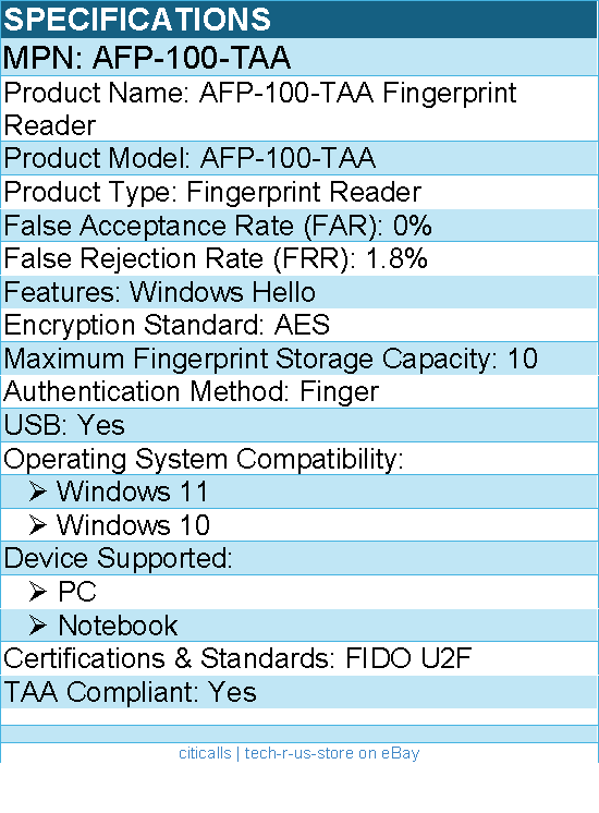 Adesso AFP-100-TAA Fingerprint Reader - USB - TAA Compliant