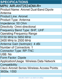 Cisco AIR-ANT2524DW-R= Aironet Dual-Band Dipole Antenna