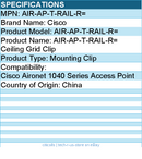 Cisco AIR-AP-T-RAIL-R= Mounting Clip for Cisco Aironet 1040 Series Access Point