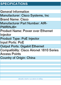 Cisco AIR-PWRINJ6= Power over Ethernet Injector - PoE Input Port(s)
