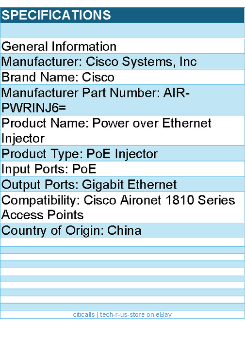 Cisco AIR-PWRINJ6= Power over Ethernet Injector - PoE Input Port(s)