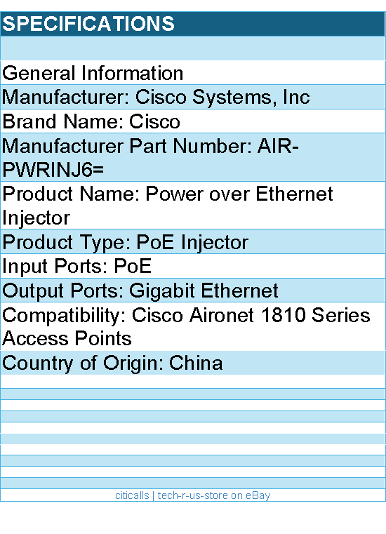 Cisco AIR-PWRINJ6= Power over Ethernet Injector - PoE Input Port(s)