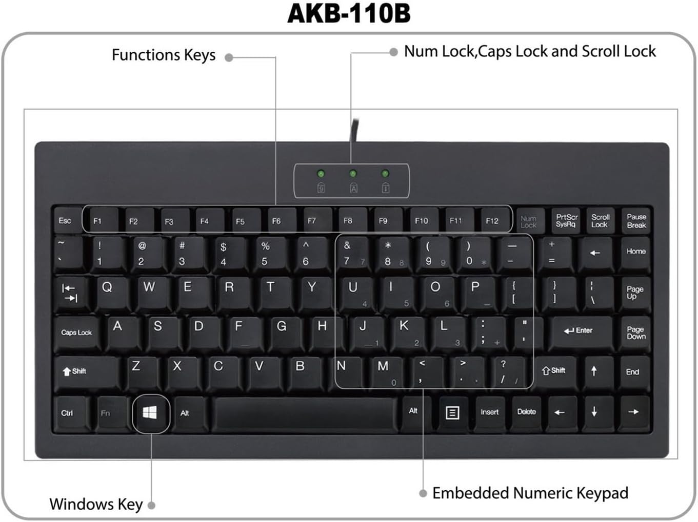 Adesso AKB-110B Mini Keyboard - PS/2, USB - 87 Keys - Black