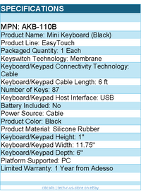 Adesso AKB-110B EasyTouch Mini Keyboard - PS/2, USB - 87 Keys - Black