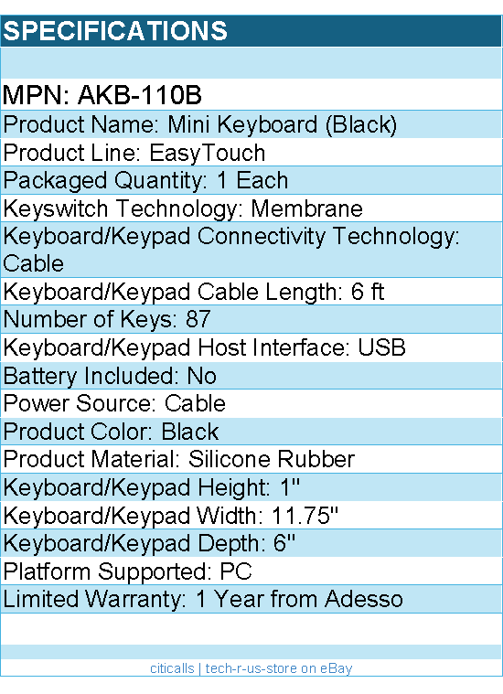 Adesso AKB-110B EasyTouch Mini Keyboard - PS/2, USB - 87 Keys - Black