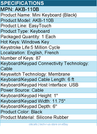Adesso AKB-110B Mini Keyboard - PS/2, USB - 87 Keys - Black